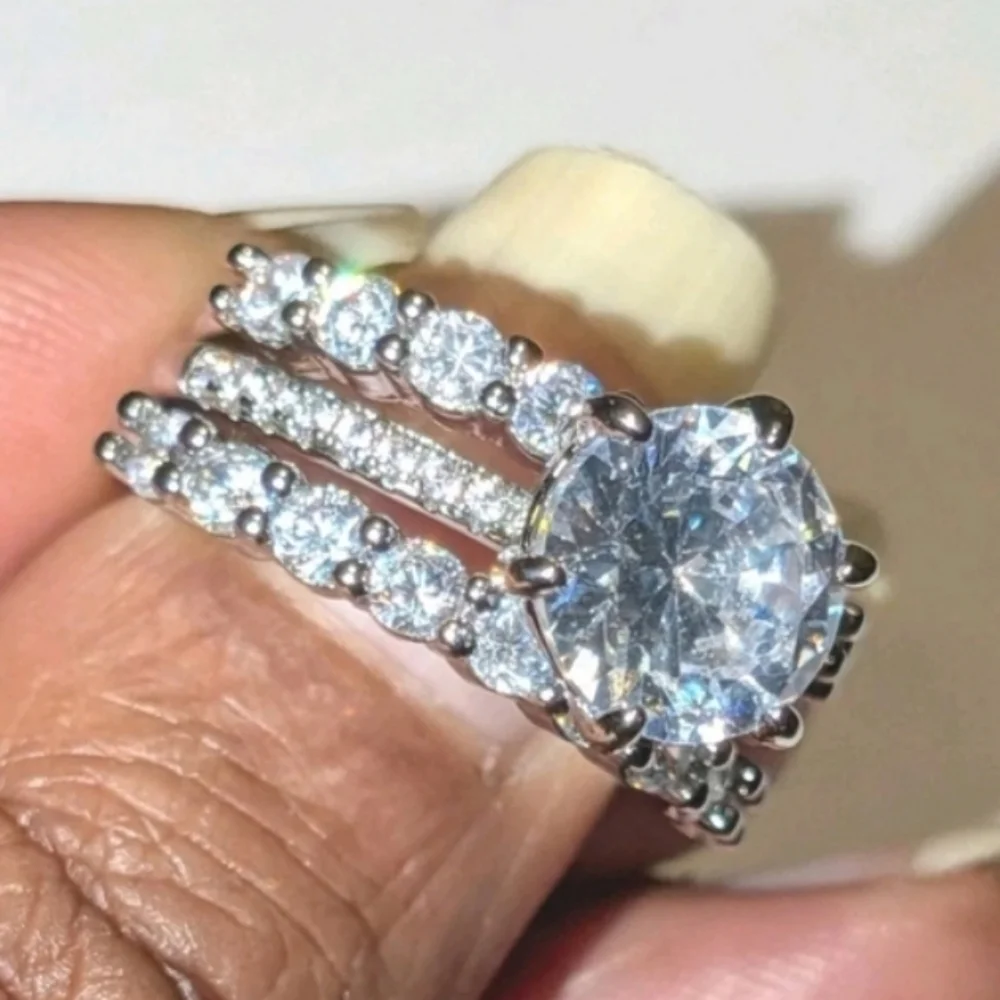 Shimmering 5ct Round Cut Moissanite Trio Silvery Bridal Wedding Ring Set